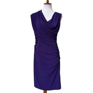 Suzi Chin Cowl Neck Ruched Sheath Lined Sleevless Midi Dress Purple Women's 14